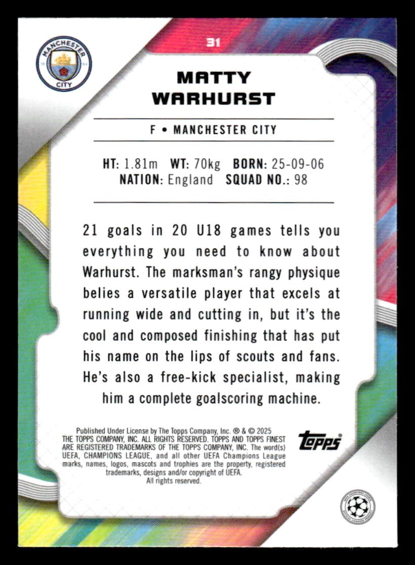 2024-25 Topps Finest UEFA Club Comp #31 Matty Warhurst