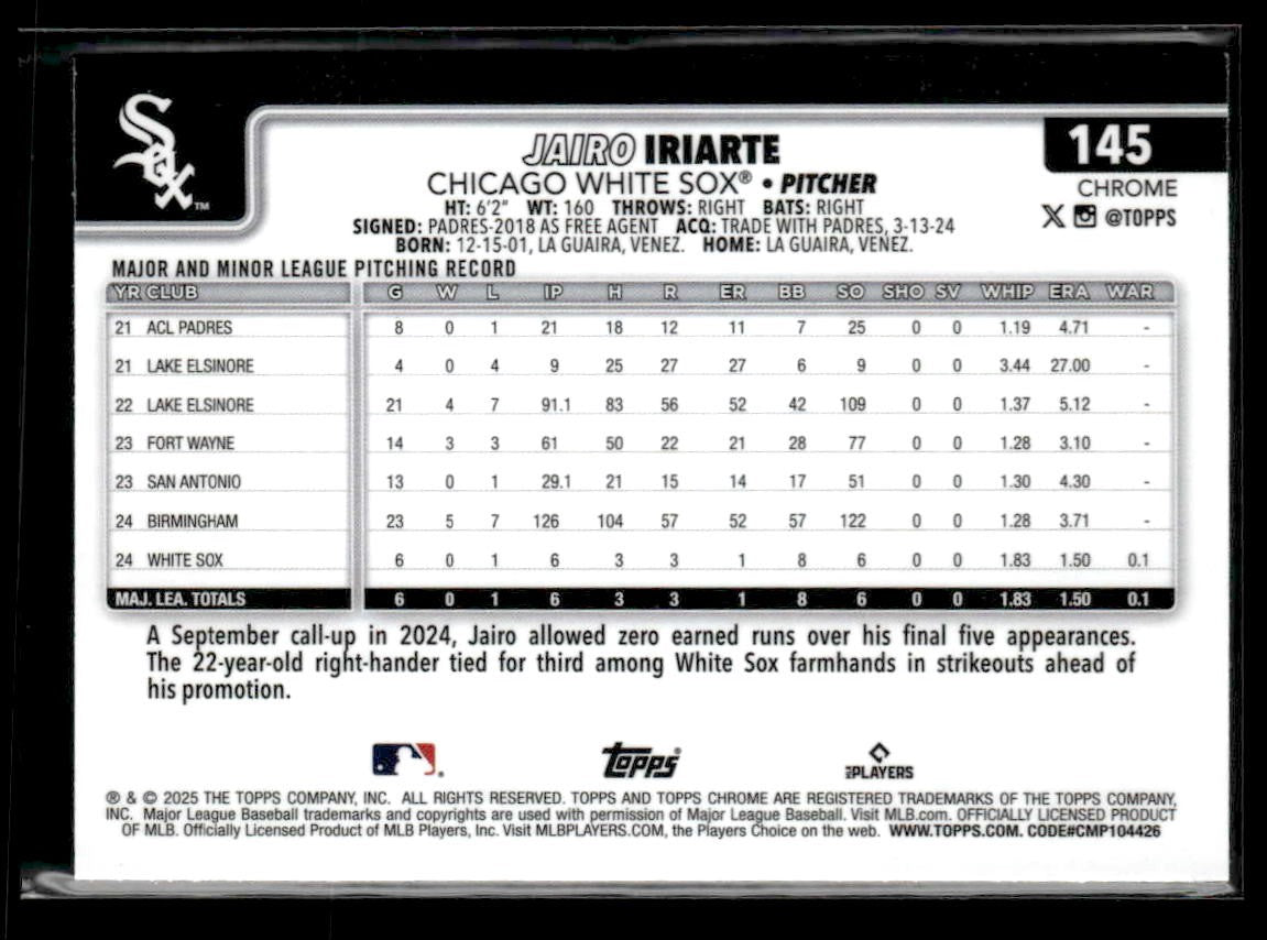 2025 Topps Chrome #145 Jairo Iriarte Prism Refractors