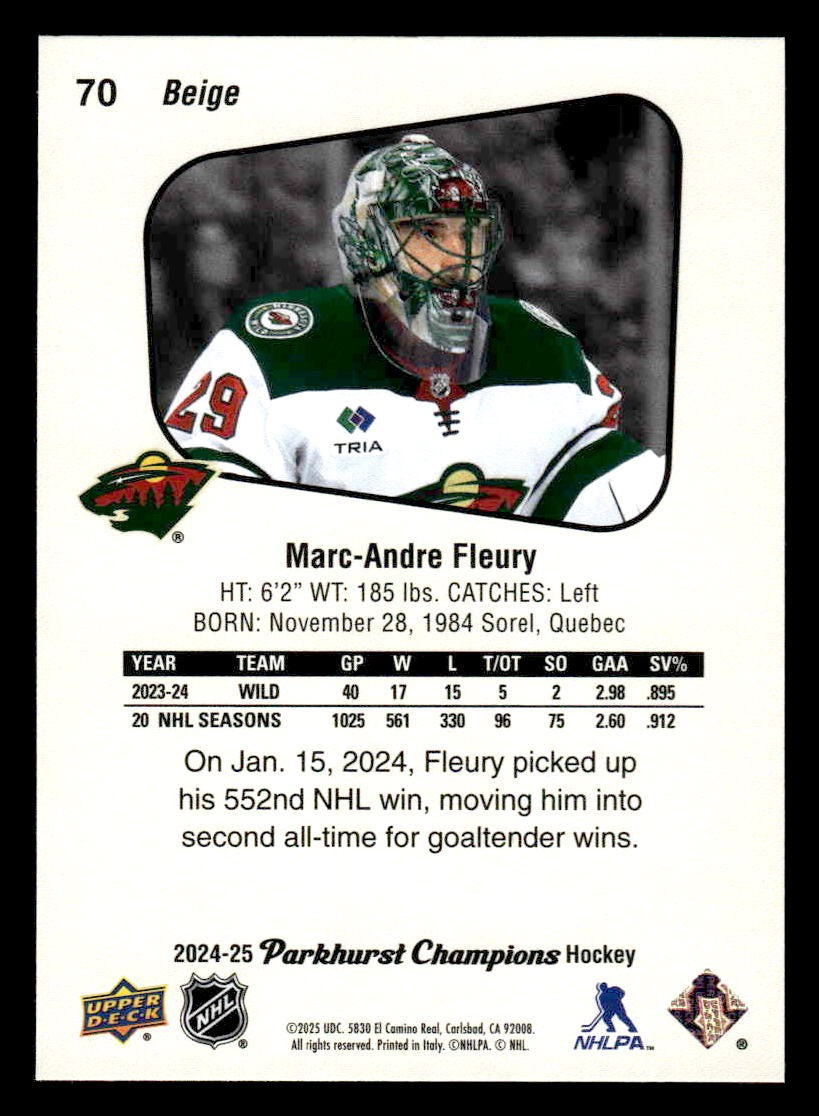 2024-25 Parkhurst Champions #70 Marc-Andre Fleury