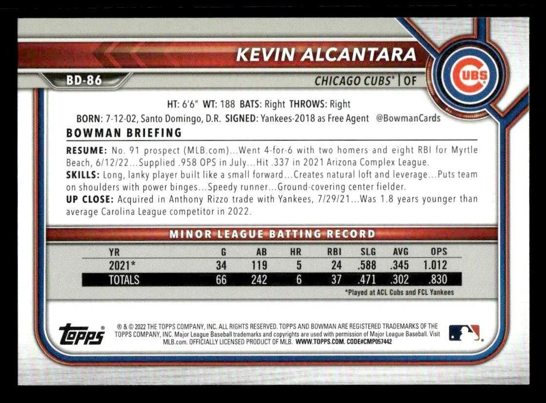 2022 Bowman Draft 1st Edition #BD-86 Kevin Alcantara