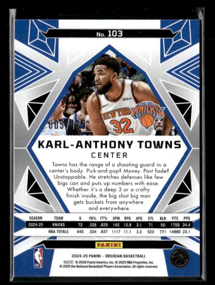 2024-25 Panini Obsidian #103 Karl-Anthony Towns Electric Etch Orange Flood #/125