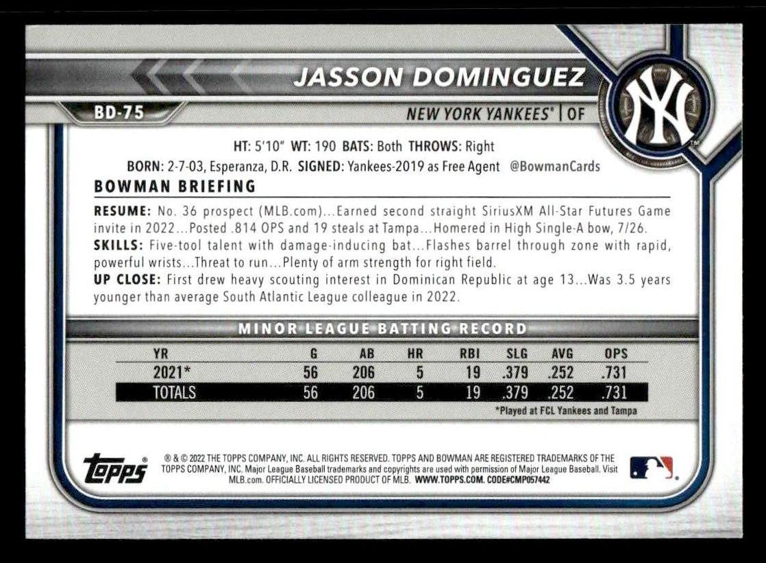 2022 Bowman Draft 1st Edition #BD-75 Jasson Dominguez