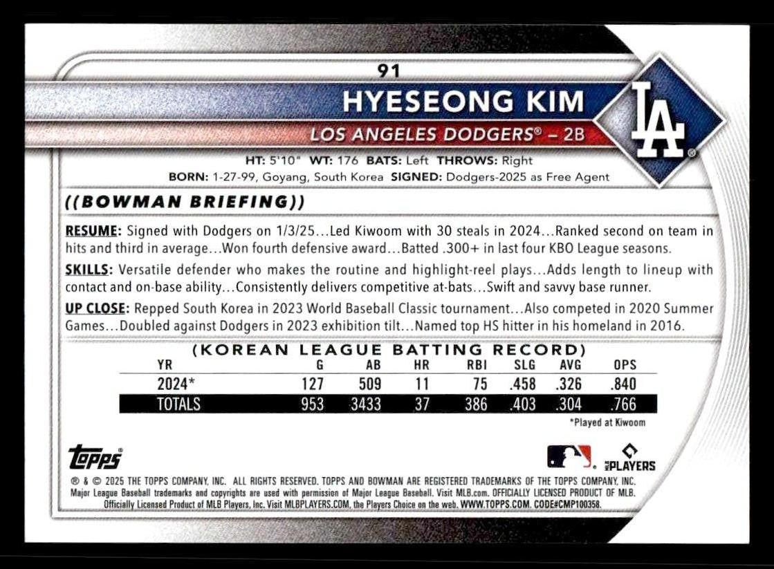 2025 Bowman #91 Hyeseong Kim