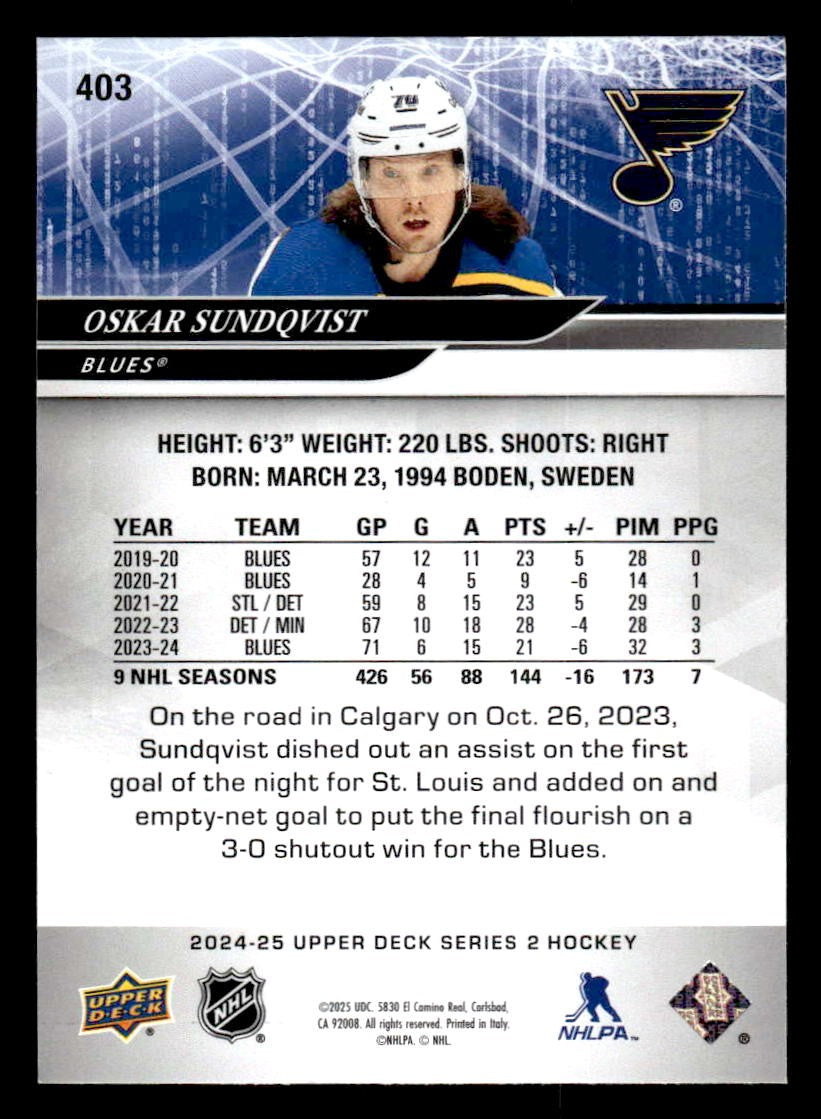 2024-25 Upper Deck #403 Oskar Sundqvist