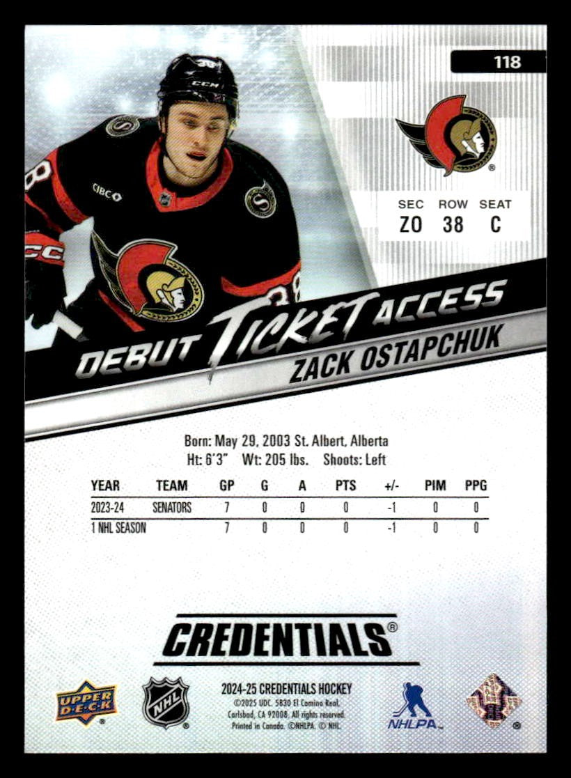 2024-25 Upper Deck Credentials #118 Zack Ostapchuk Debut Ticket Access #976/999