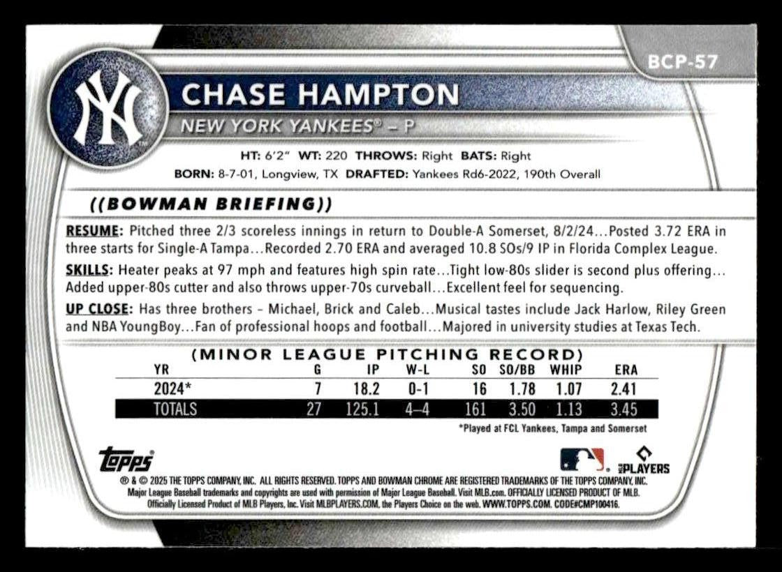 2025 Bowman #BCP-57 Chase Hampton Chrome Prospects