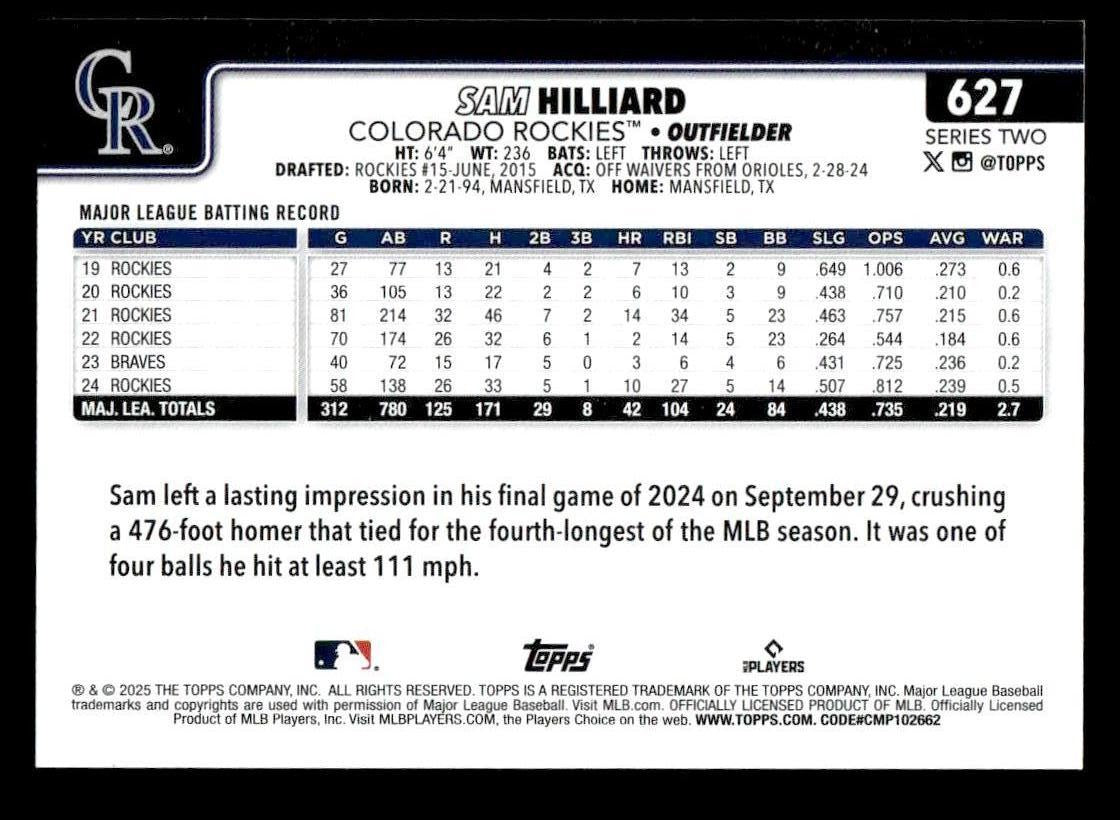 2025 Topps #627 Sam Hilliard
