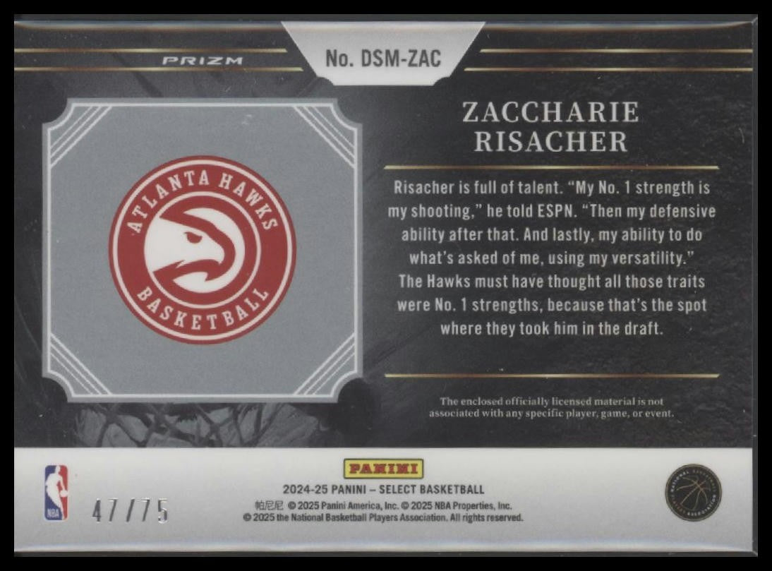 2024-25 Select #DSM-ZAC Zaccharie Risacher Draft Selections Blue Prizm #47/75