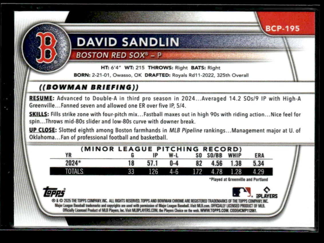 2025 Bowman Chrome #BCP-195 David Sandlin
