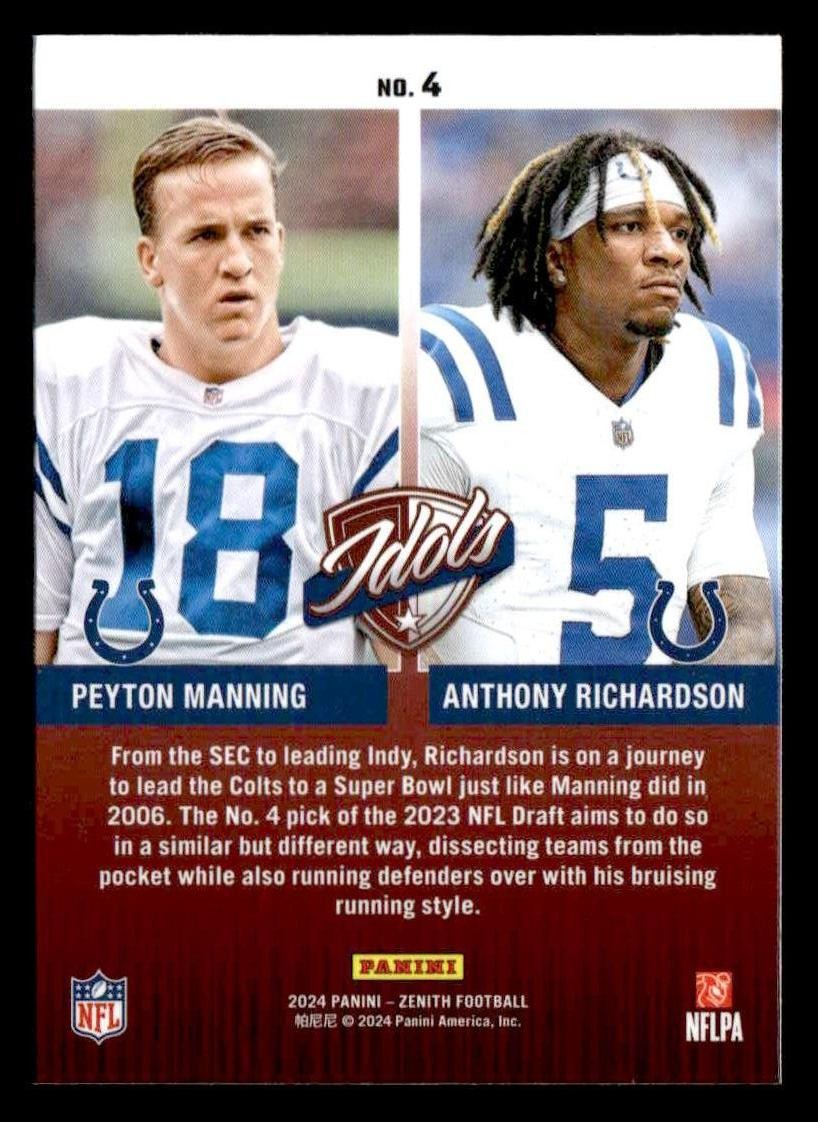 2024 Panini Zenith #4 Anthony Richardson / Peyton Manning Idols