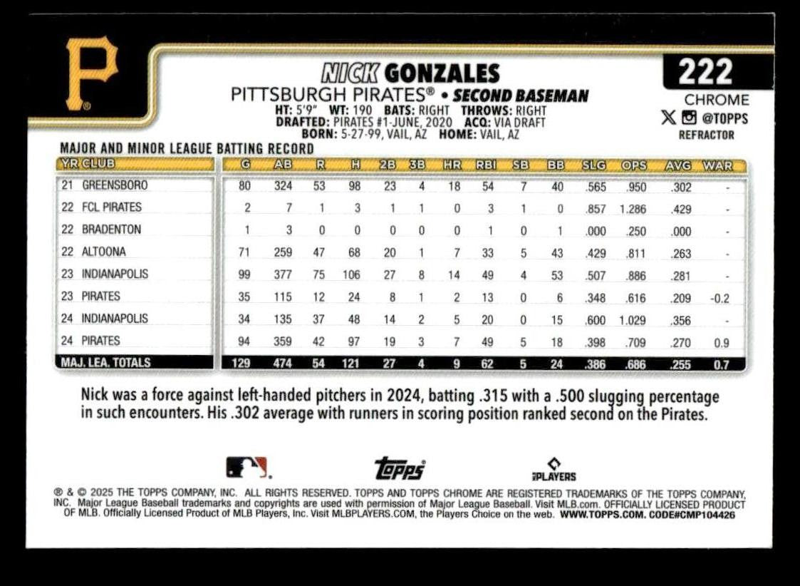 2025 Topps Chrome #222 Nick Gonzales Refractors