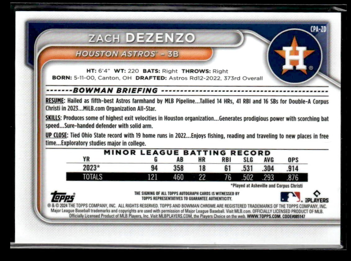 2024 Bowman Chrome #CPA-ZD Zach Dezenzo Autos Blue Raywave Refractors #014/150