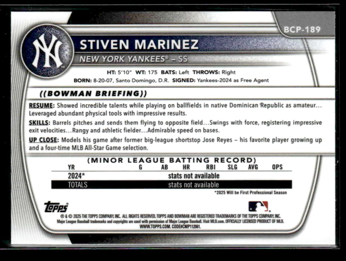 2025 Bowman Chrome #BCP-189 Stiven Marinez