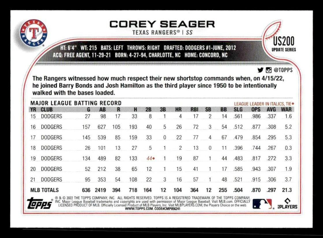 2022 Topps Update #US200 Corey Seager