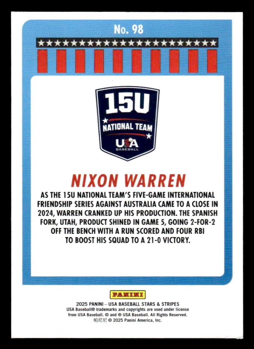 2025 Panini Stars and Stripes USA Baseball #98 Nixon Warren
