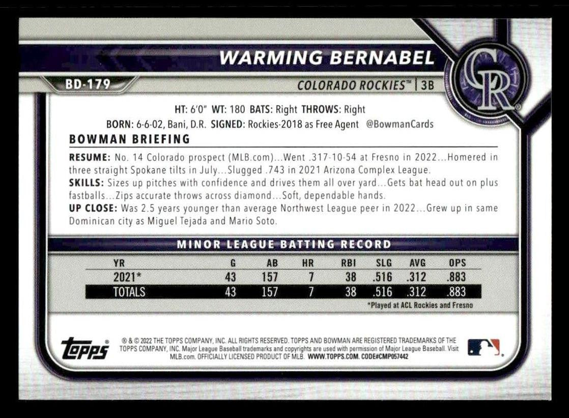 2022 Bowman Draft 1st Edition #BD-179 Warming Bernabel