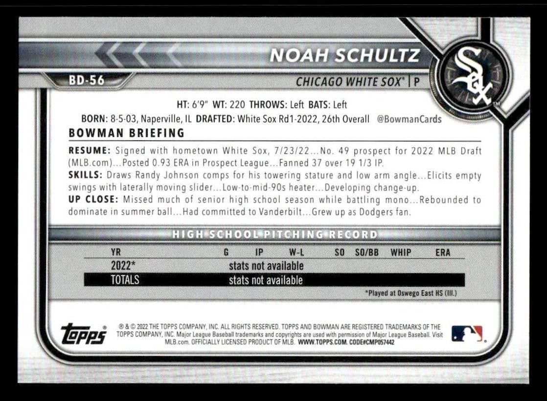2022 Bowman Draft 1st Edition #BD-56 Noah Schultz