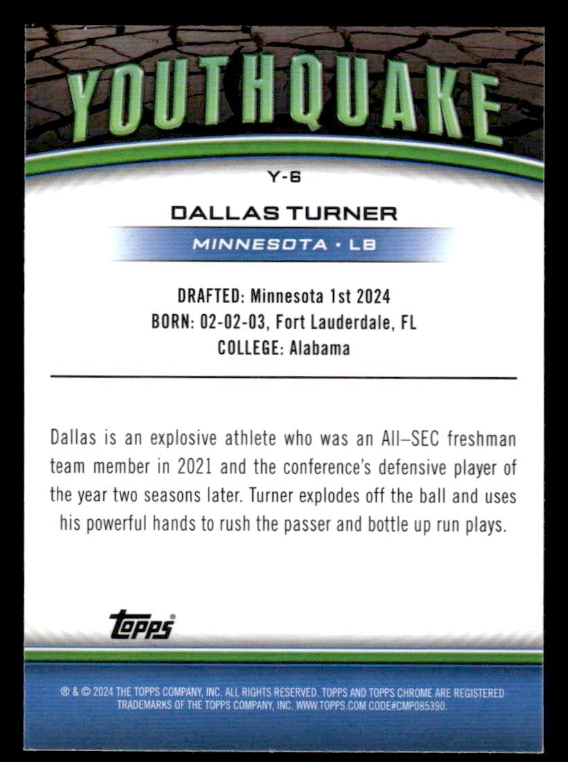 2024 Topps Chrome #Y-6 Dallas Turner Youthquake Lazer Refractor