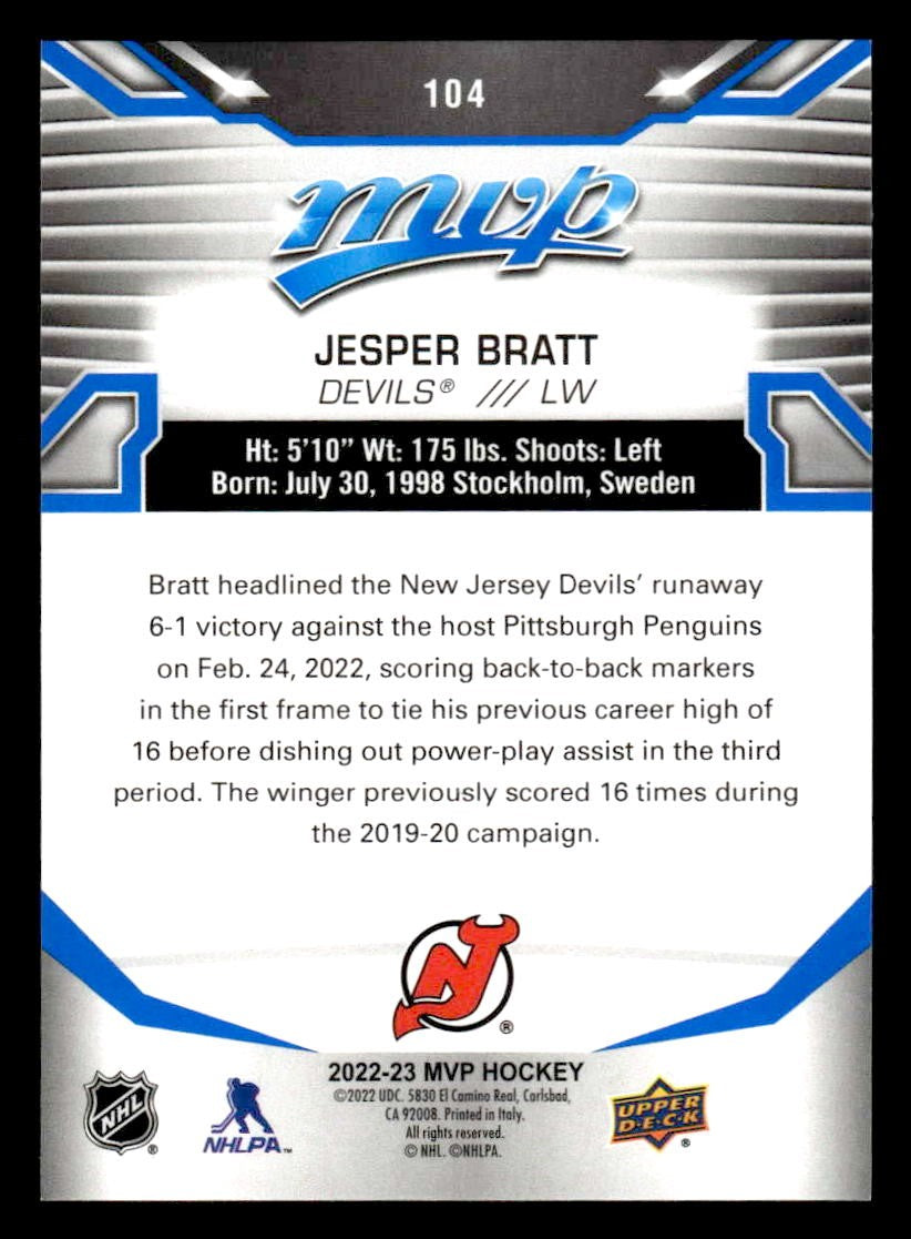 2022-23 Upper Deck MVP #104 Jesper Bratt Blue Script