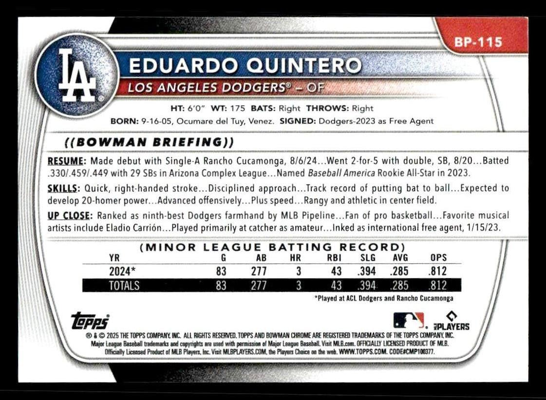 2025 Bowman #BP-115 Eduardo Quintero Prospects