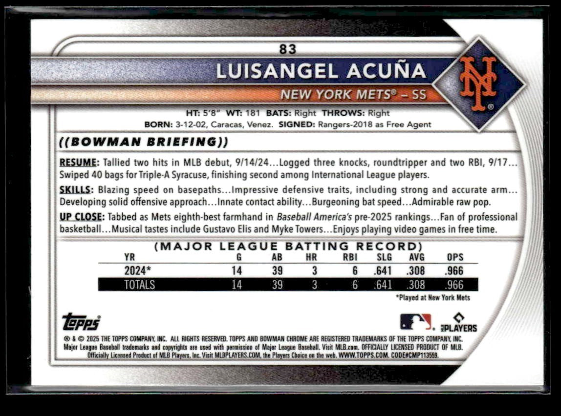 2025 Bowman #83 Luisangel Acuña Bowman Chrome Red Rookie Logo
