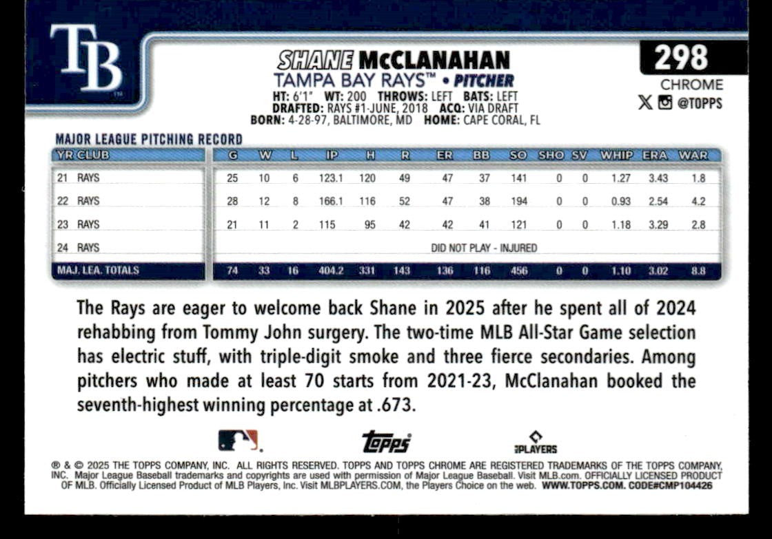 2025 Topps Chrome #298 Shane McClanahan