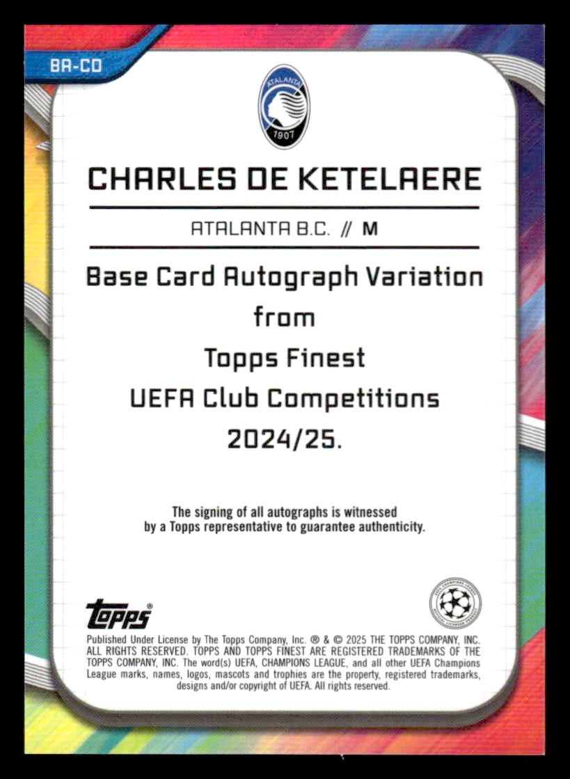 2024-25 Finest UEFA Club #BA-CD Charles De Ketelaere Magenta Refr Auto - #55/75