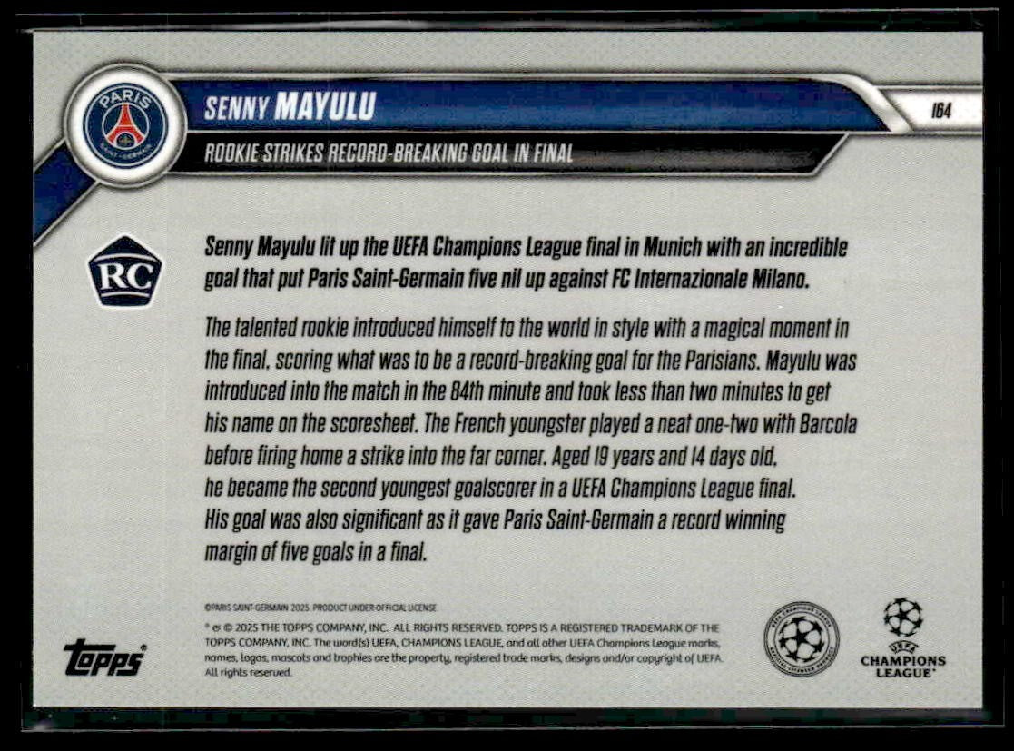 2025 Topps Now #164 Senny Mayulu Rookie Strikes Record Breaking Goal
