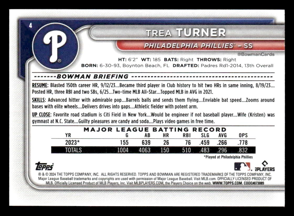 2024 Bowman #4 Trea Turner