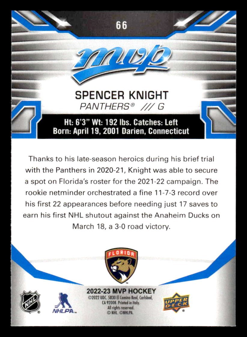 2022-23 Upper Deck MVP #66 Spencer Knight Blue Script