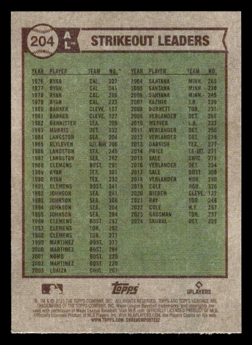 2025 Heritage #204 AL Strikeout Lead (Logan Gilbert/Tarik Skubal/Cole Ragans)