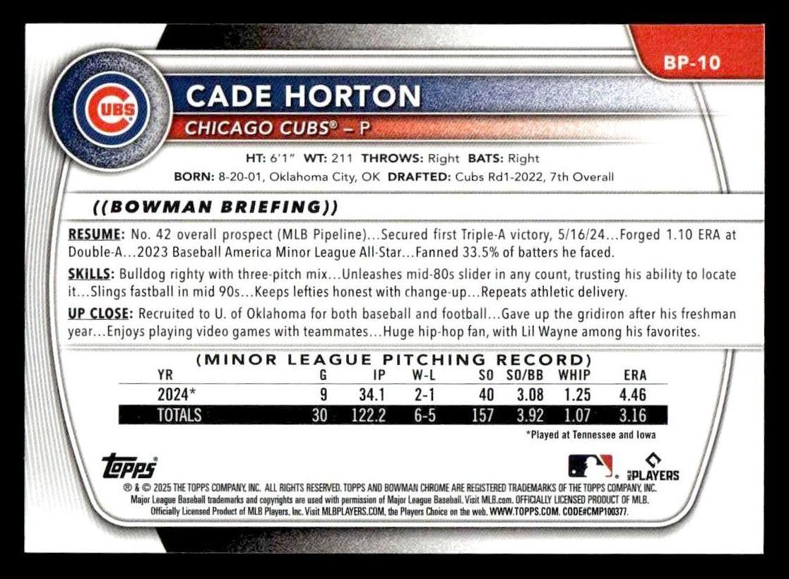 2025 Bowman #BP-10 Cade Horton Prospects
