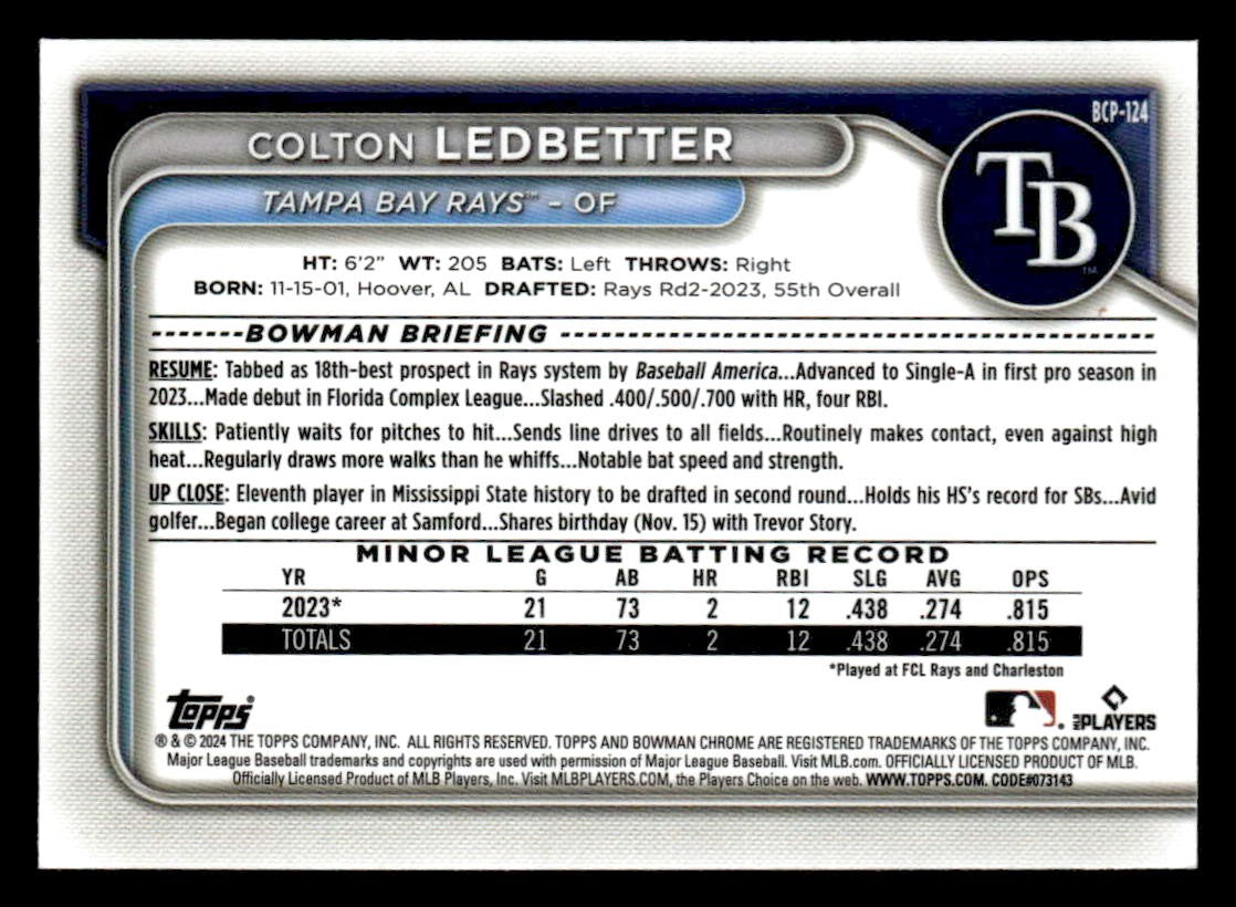 2024 Bowman #BCP-124 Colton Ledbetter Chrome Prospects