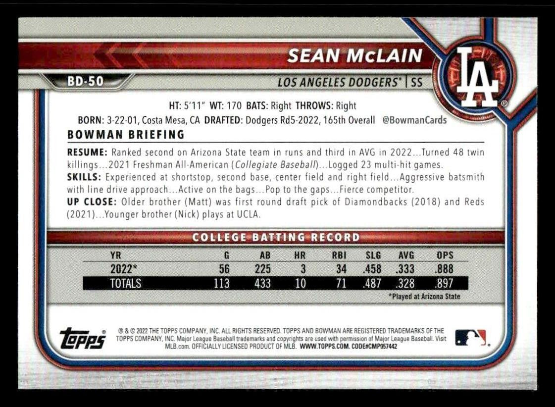 2022 Bowman Draft 1st Edition #BD-50 Sean McLain