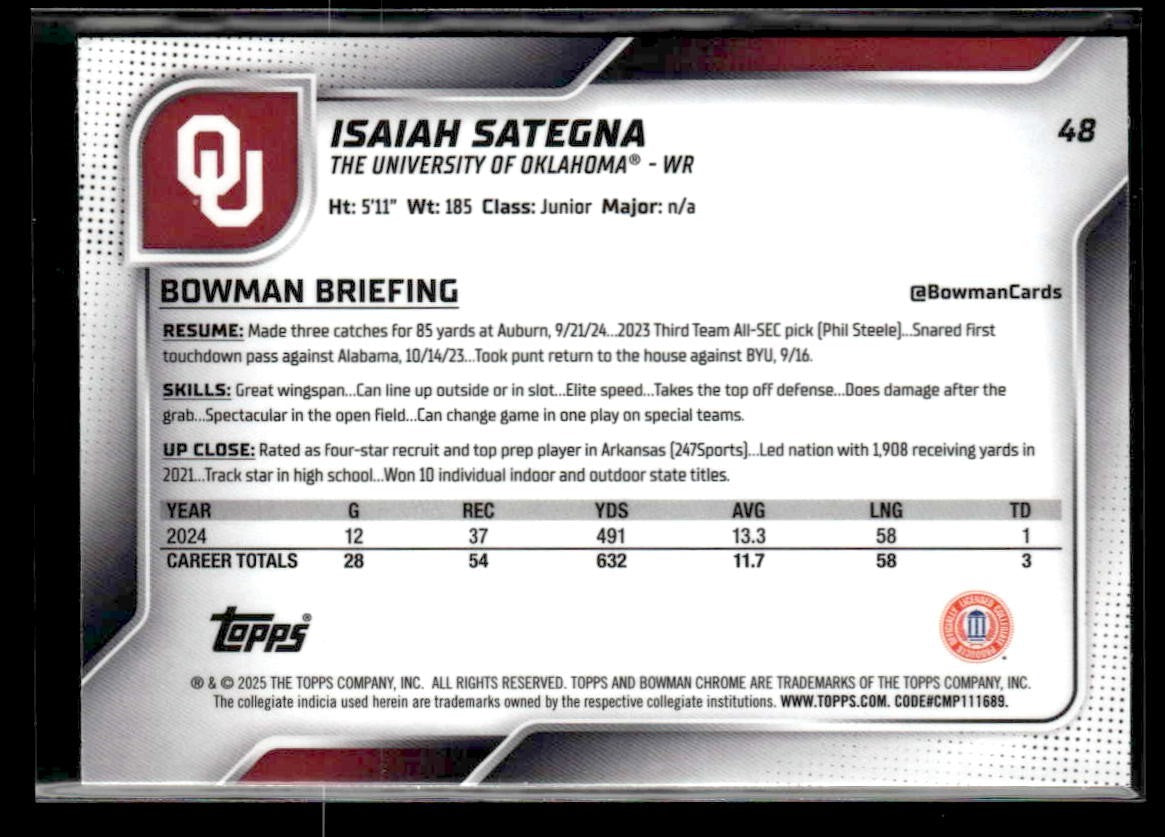 2025 Bowman University Chrome #48 Isaiah Sategna