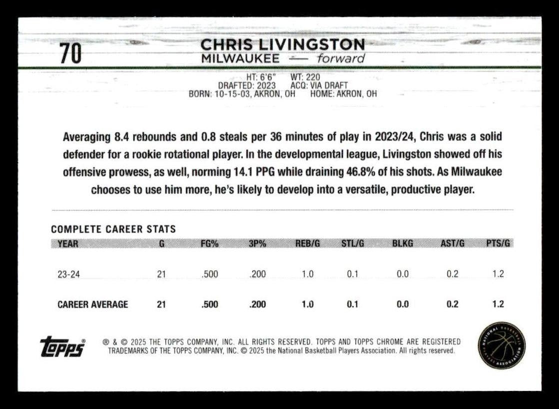 2024-25 Topps Chrome #70 Chris Livingston