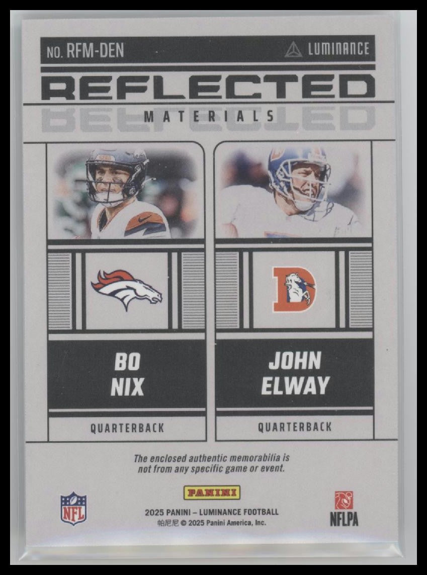 2025 Panini Luminance #RFM-DEN Bo Nix / John Elway Reflected Materials