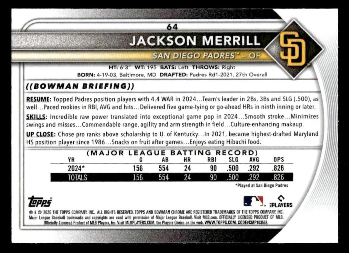 2025 Bowman #64 Jackson Merrill Mega Refractor