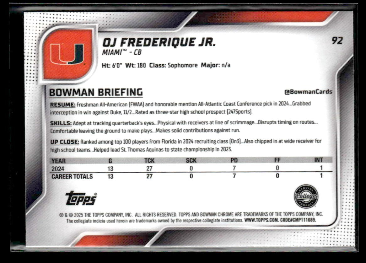 2025 Bowman University Chrome #92 OJ Frederique Jr.