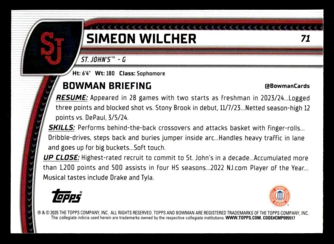 2024-25 Bowman University Chrome #71 Simeon Wilcher X-Fractor