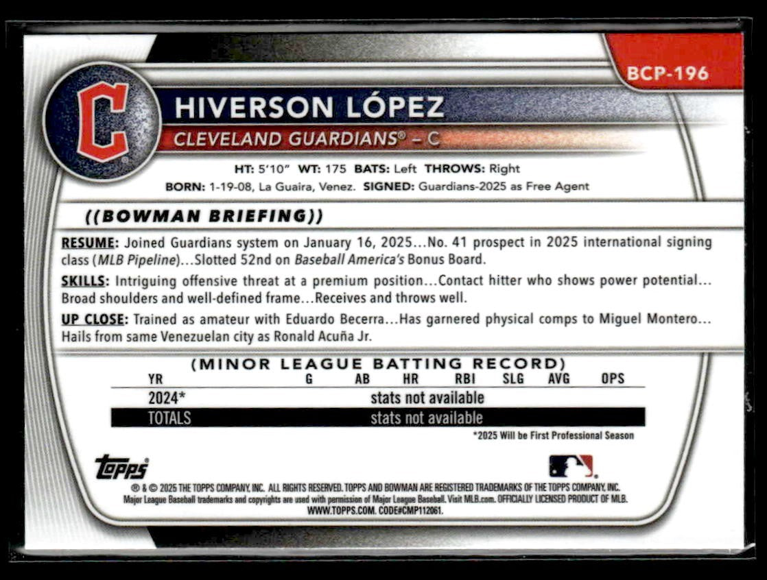 2025 Bowman Chrome #BCP-196 Hiverson Lopez