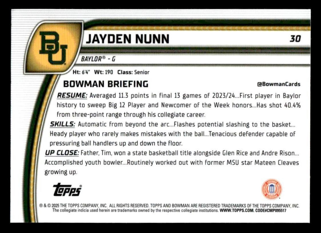 2024-25 Bowman University Chrome #30 Jayden Nunn