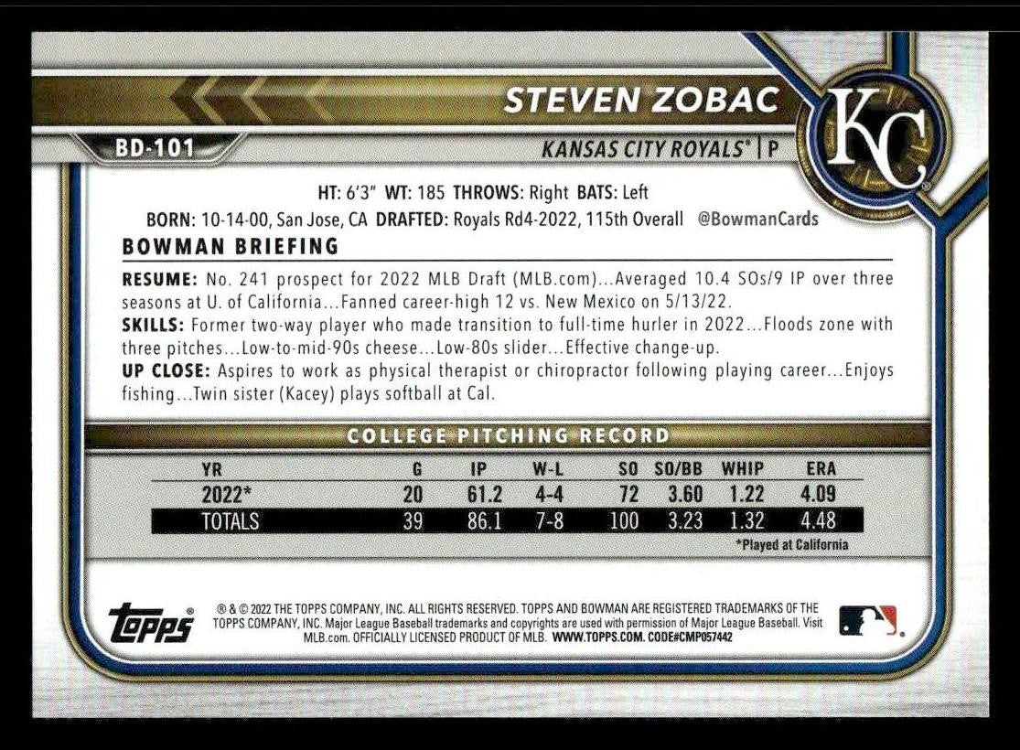2022 Bowman Draft 1st Edition #BD-101 Steven Zobac