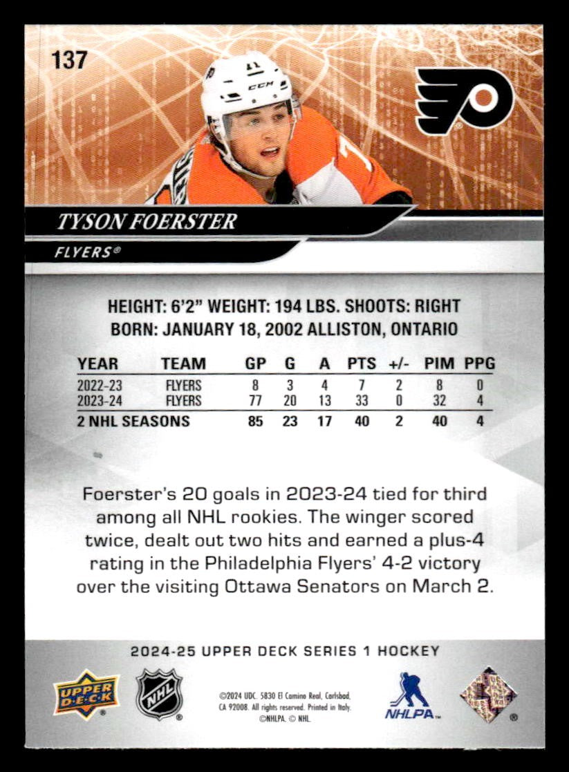 2024-25 Upper Deck #137 Tyson Foerster
