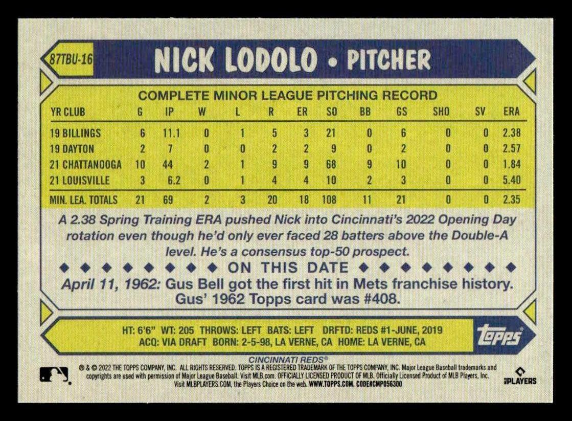 2022 Topps Update #87TBU-16 Nick Lodolo 1987 Topps Baseball 35th Anniversary
