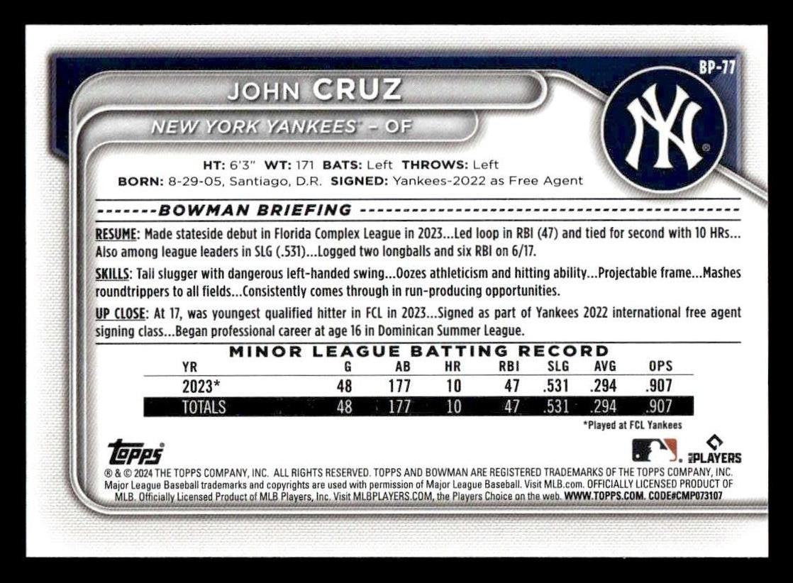 2024 Bowman #BP-77 John Cruz Prospects