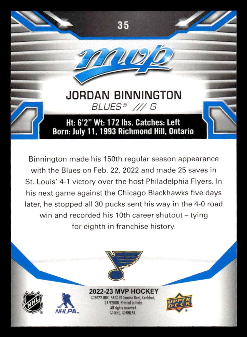 2022-23 Upper Deck MVP #35 Jordan Binnington Blue Script