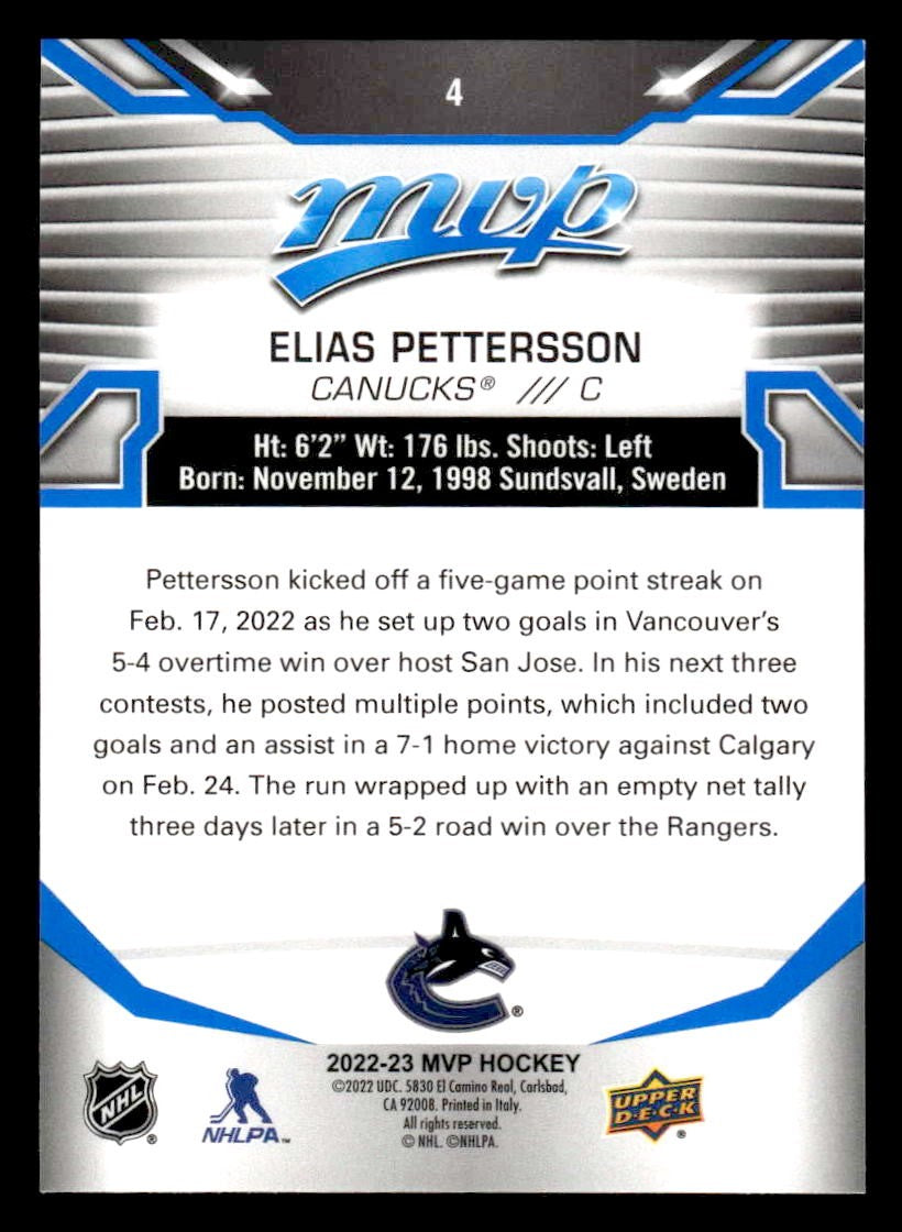 2022-23 Upper Deck MVP #4 Elias Pettersson Blue Script