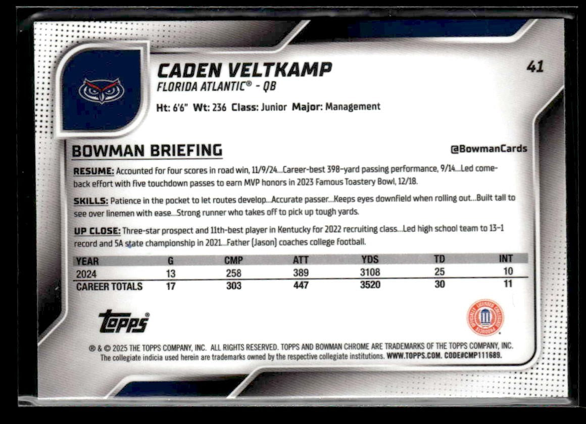 2025 Bowman University Chrome #41 Caden Veltkamp