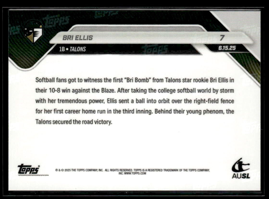 2025 Topps Now AUSL #7 Bri Ellis Rookie Hits 1st Pro Home Run
